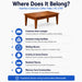 An informational graphic for the Hamilton Collection coffee table, featuring a brown wooden table at the top and a list of use cases such as common area lounges, assisted living facilities, waiting rooms, and resident rooms on a light gray background.