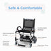 front-facing studio shot of a black Journey Zinger with labels pointing to key features: Electromagnetic Brakes, Patented Floating Footrest, Comfortable Seating, Anti-Tippers, and Flat-Free Tires.