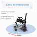 A side profile of the Zinger chair over a blue circular graphic. Text highlights its maneuverability, including simple two-handed control, 3 speeds (0-6 mph) plus reverse, and a 24-inch turning radius.