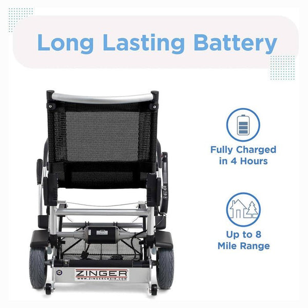 rear view of the Zinger chair highlighting its "Long Lasting Battery." Icons indicate that it is fully charged in 4 hours and has up to an 8-mile range.