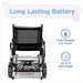 rear view of the Zinger chair highlighting its "Long Lasting Battery." Icons indicate that it is fully charged in 4 hours and has up to an 8-mile range.