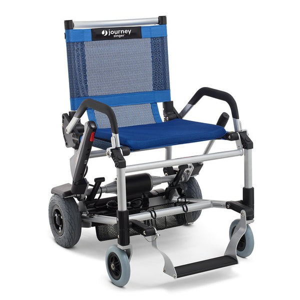 A high-resolution studio shot of the Journey Zinger power chair in blue with a silver frame.