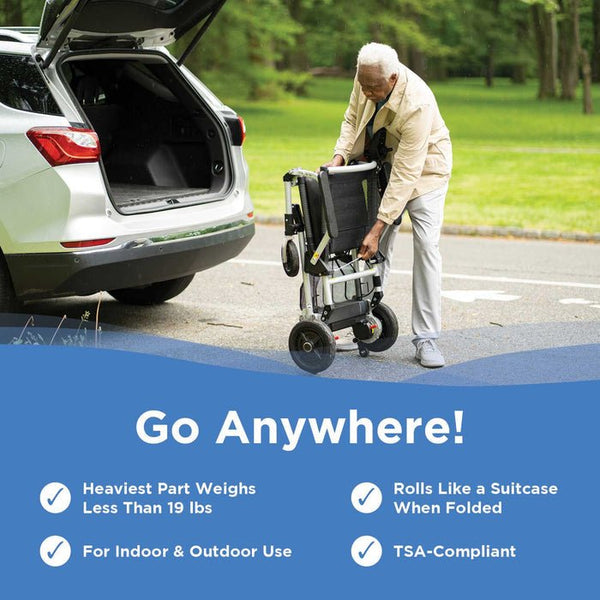 A man stands next to the trunk of an SUV holding the Zoomer, which is folded and standing upright. Text highlights that the heaviest part weighs less than 19 lbs, it rolls like a suitcase when folded, and it is TSA-compliant.