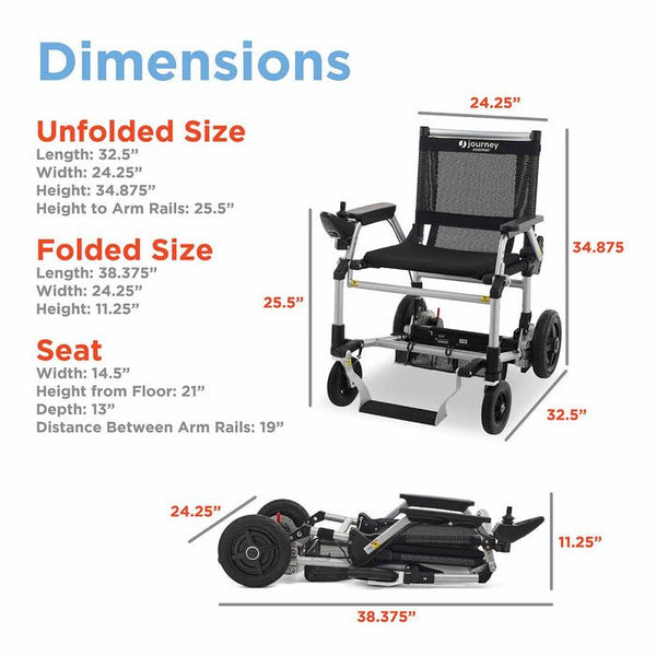 A technical specification sheet showing the Zoomer Folding Power Chair in both unfolded and folded positions with labeled dimensions. The unfolded height is 34.875 inches, and the folded height is a compact 11.25 inches.