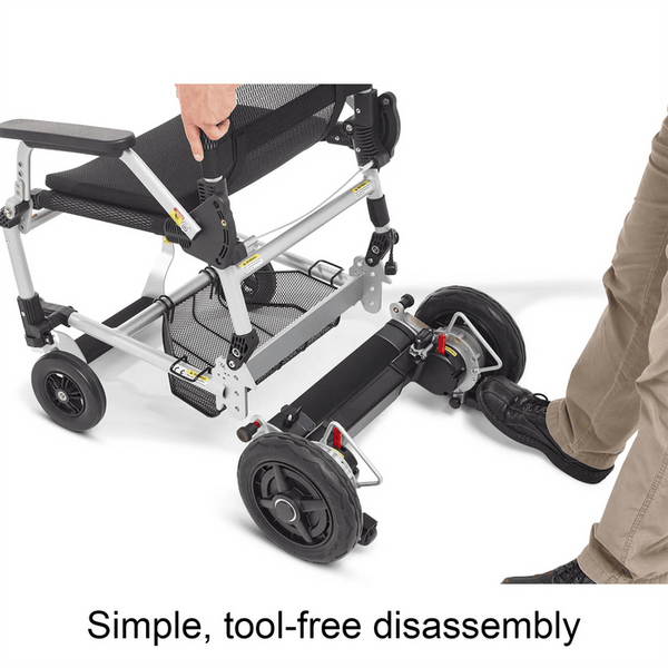 A person demonstrates the tool-free disassembly of the Zoomer. One hand lifts the seat frame while a foot holds down the rear motor and wheel assembly as they separate. Text at the bottom reads: "Simple, tool-free disassembly."