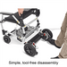 A person demonstrates the tool-free disassembly of the Zoomer. One hand lifts the seat frame while a foot holds down the rear motor and wheel assembly as they separate. Text at the bottom reads: "Simple, tool-free disassembly."