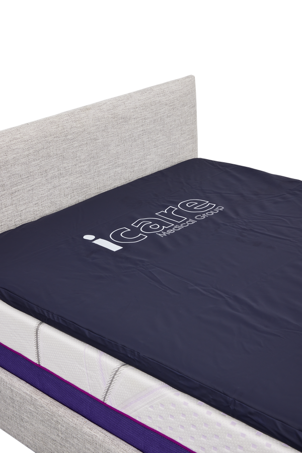 A high-angle view of a dark blue ActiveFloat medical mattress overlay lying flat on top of a white mattress and an upholstered bed frame, with the "icare Medical Group" logo visible on the surface.