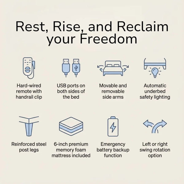 Adjustable electric bed feature overview showing hard-wired remote, USB ports on both sides, removable side arms, underbed safety lighting, reinforced steel legs, 6-inch memory foam mattress, emergency battery backup, and swing rotation options