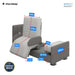 Adjustable bed for seniors with labeled dimensions showing overall size, seat height, backrest height, and footrest measurements