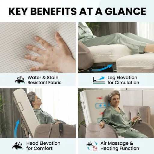 Adjustable bed for seniors showing key features including water resistant fabric, leg elevation, head elevation, and air massage with heating