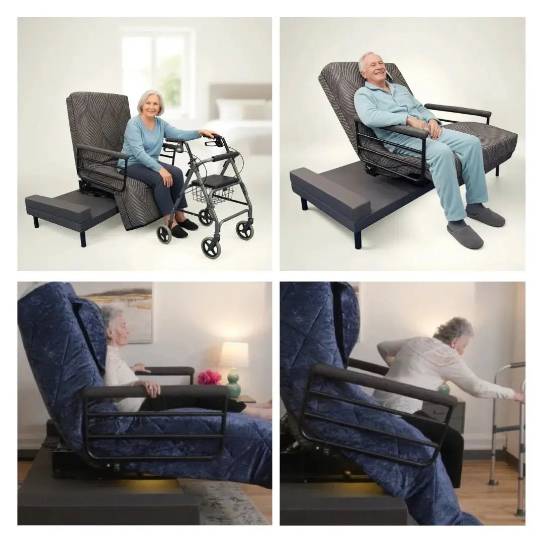 Adjustable lift bed in seated and standing positions showing elderly users using mobility aids, demonstrating lift assist, chair position, and safe standing support at home