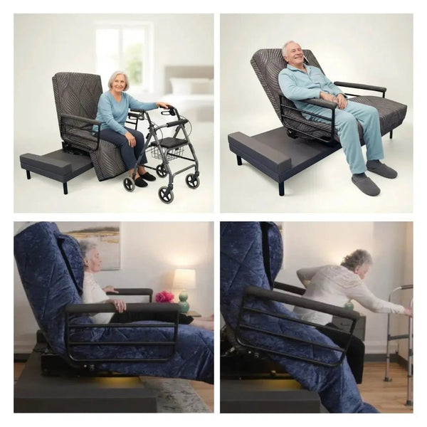 Adjustable lift bed in seated and standing positions showing elderly users using mobility aids, demonstrating lift assist, chair position, and safe standing support at home