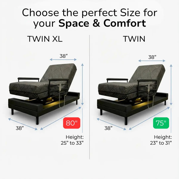 Adjustable bed size comparison showing Twin XL and Twin dimensions, including width, length, and adjustable height range for space and comfort