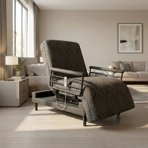 Electric adjustable recliner bed with cushioned arm rails placed in a modern bedroom, designed for comfort, support, and assisted positioning