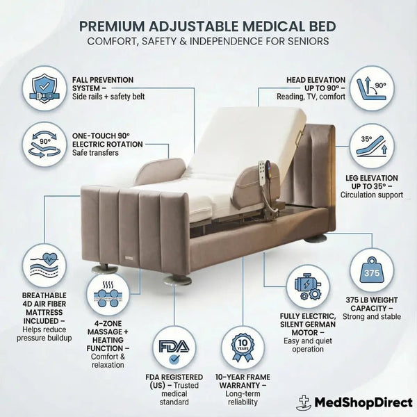 Infographic of the Premium Adjustable Medical Bed for seniors by MedShopDirect. Key features highlighted: 90-degree electric rotation for safe transfers, fall prevention side rails, 4-zone massage and heating, breathable 4D air fiber mattress, FDA registered, and a silent German motor with a 375 lb weight capacity.