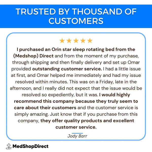 Customer review collage for MedShopDirect showing three 5-star testimonials from verified buyers. Reviews highlight the Orin Star Sleep Rotating Bed, praising the white-glove delivery, the helpfulness of customer service agent Omar, and how the bed assists in senior rehab and independence.