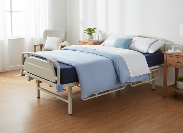 An extra wide bariatric variant of the Proactive Protekt Fiber Mattress deployed on a large hospital bed in a bright, cozy bedroom. There are white and blue pillows as well as a light blue comforter on top of the bed.