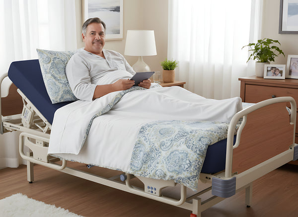 A man resting on the Proactive Protekt Fiber Mattress placed on an adjustable hospital bed in a bright, cozy bedroom. The mattress is slightly reclined and the man is sitting on the bed, holding a tablet device with both hands.