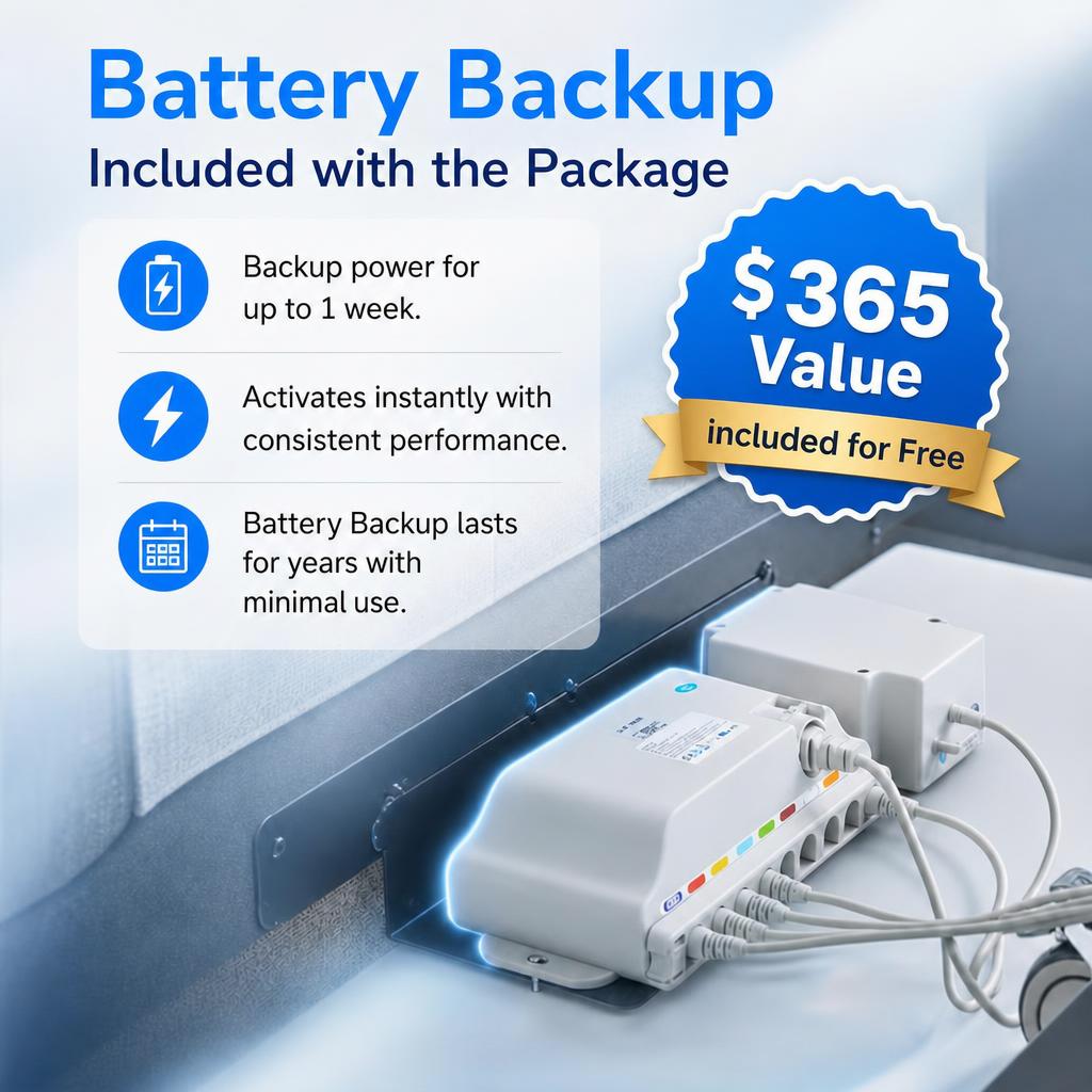 Battery Backup shown installed on the frame, with text stating it is included with the package and listing key features such as up to 1 week of backup power, instant activation, and long-lasting performance.