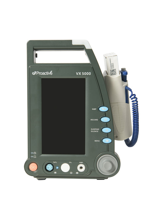 Protekt VX 5000 vital signs monitor powered off, showing front panel with buttons, probe holder, and connection ports