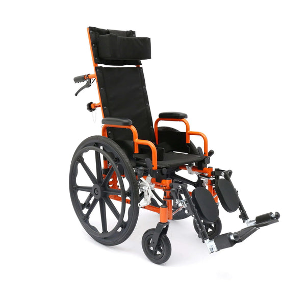 Three-quarter front view of the orange Ziggo Pro pediatric reclining wheelchair with a black padded headrest and black upholstery.