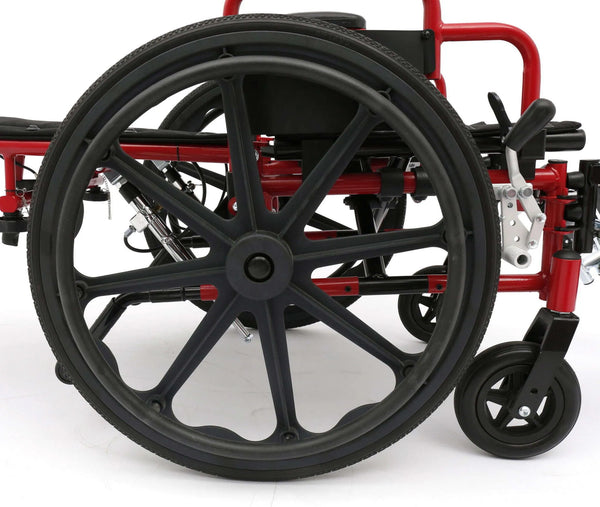Side profile detail of the red Ziggo Pro wheelchair frame, highlighting the large mag-style rear wheel and the manual wheel lock mechanism.