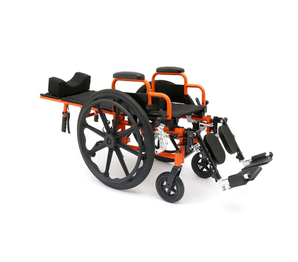 An orange Ziggo Pro reclining wheelchair shown in a fully reclined, horizontal position with the headrest and elevating leg rests extended.