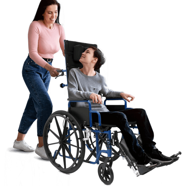 A caregiver pushing a teenage boy in a blue Ziggo Pro wheelchair, highlighting the attendant-friendly handles and the chair's supportive high-back design.