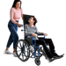 A caregiver pushing a teenage boy in a blue Ziggo Pro wheelchair, highlighting the attendant-friendly handles and the chair's supportive high-back design.