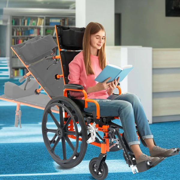 A teenage girl reading a book in an orange Ziggo Pro reclining wheelchair; a translucent overlay shows the backrest's ability to recline into a flat position for rest.