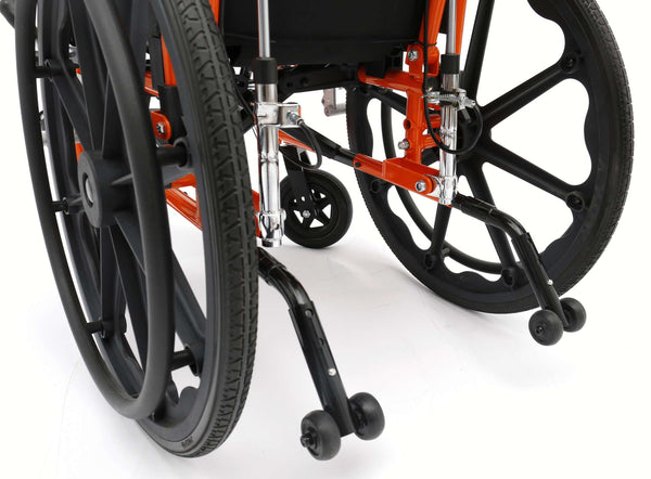 Close-up of the rear anti-tipper assembly and large rear wheels on an orange Ziggo Pro wheelchair, designed to prevent backward falls during reclining.