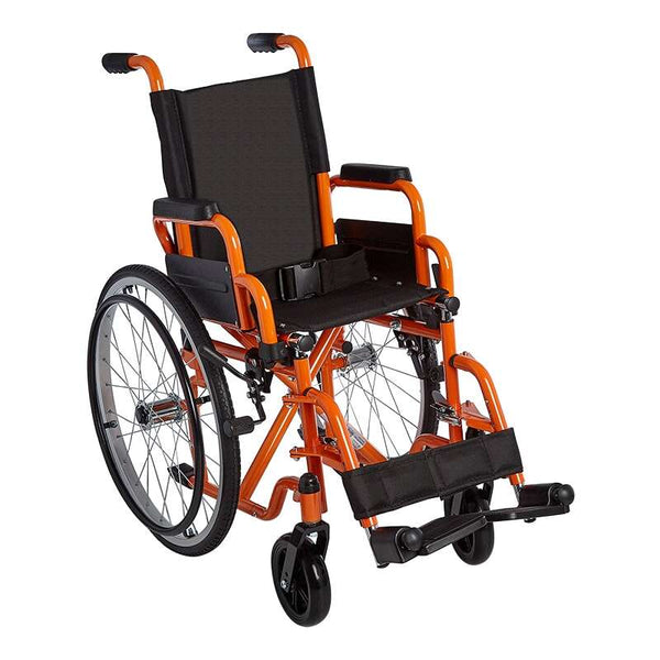 A three-quarter front view of the Ziggo pediatric wheelchair in vibrant orange. It features a black nylon seat and backrest, large spoked rear wheels with silver rims, and black front casters.