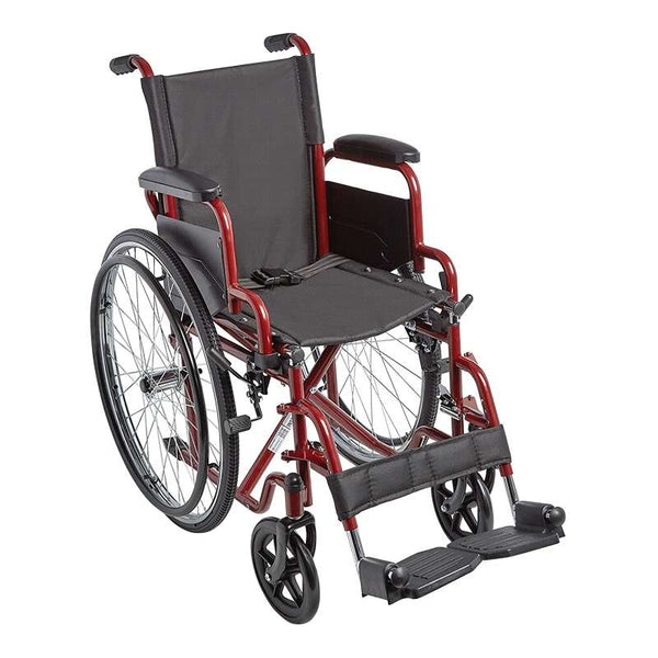A front-facing view of the Ziggo wheelchair featuring a deep red frame. The design includes black upholstered seating, flip-back armrests, and adjustable footrests.