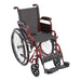 A front-facing view of the Ziggo wheelchair featuring a deep red frame. The design includes black upholstered seating, flip-back armrests, and adjustable footrests.