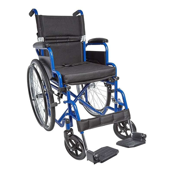 A high-angle front view of the Ziggo wheelchair with a bright blue frame, equipped with a black seat cushion, safety belt, and swing-away footrests with a calf strap.