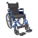 A high-angle front view of the Ziggo wheelchair with a bright blue frame, equipped with a black seat cushion, safety belt, and swing-away footrests with a calf strap.