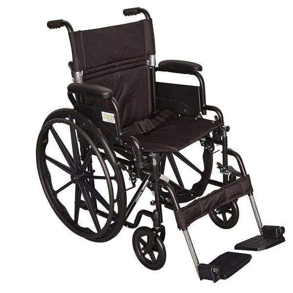 A three-quarter view of the Ziggo wheelchair with a sleek black frame and matching black mag-style rear wheels, offering a unified, low-profile look.