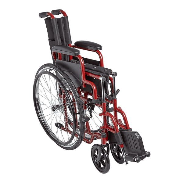 A three-quarter view of the red Ziggo wheelchair in its folded state. The frame is tucked inward, showcasing its compact footprint for easy transport in a vehicle or storage in small spaces.