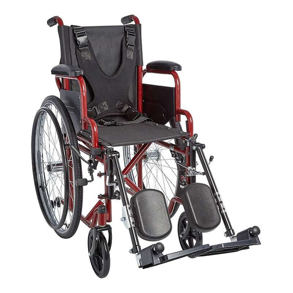 A front view of the red Ziggo wheelchair equipped with an H-style chest harness and elevating leg rests, highlighting its capability for additional postural support.