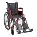 A front view of the red Ziggo wheelchair equipped with an H-style chest harness and elevating leg rests, highlighting its capability for additional postural support.