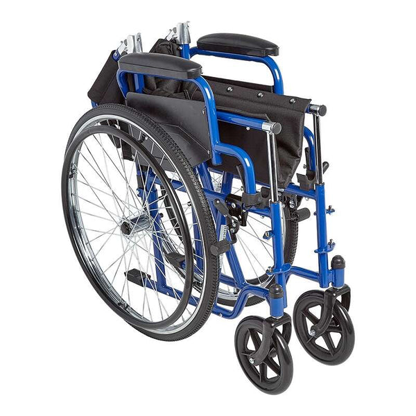 A three-quarter view of the blue Ziggo wheelchair in its folded position. The backrest is folded down and the frame is collapsed inward, demonstrating its compact size for storage or travel.