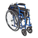 A three-quarter view of the blue Ziggo wheelchair in its folded position. The backrest is folded down and the frame is collapsed inward, demonstrating its compact size for storage or travel.