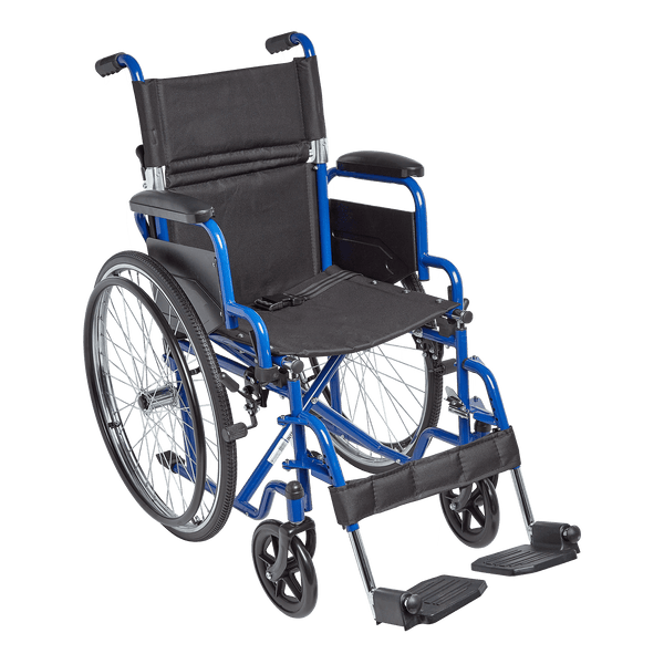 A high-angle front view of the Ziggo wheelchair with a bright blue frame, equipped with a black seat cushion, safety belt, and swing-away footrests with a calf strap.