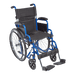 A high-angle front view of the Ziggo wheelchair with a bright blue frame, equipped with a black seat cushion, safety belt, and swing-away footrests with a calf strap.