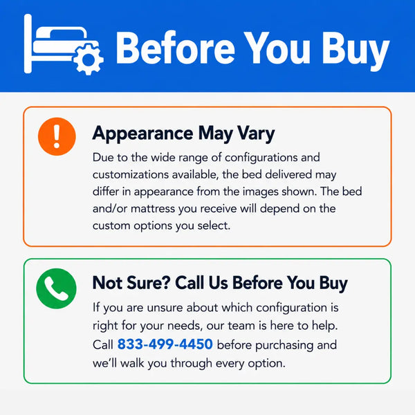 An informational graphic titled 'Before You Buy' with a blue header and two text boxes. The top box says appearance may vary because the bed and/or mattress depend on the customization options.