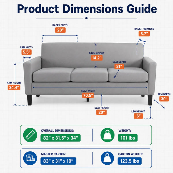 Product dimensions guide for a light gray three-seater sofa, showing labeled measurements for back length, arm width, seat width, height, leg height, and weight, with overall dimensions and carton weight listed at the bottom.