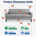 Product dimensions guide for a light gray three-seater sofa, showing labeled measurements for back length, arm width, seat width, height, leg height, and weight, with overall dimensions and carton weight listed at the bottom.