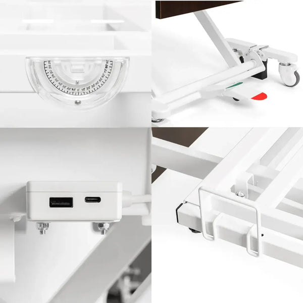 Four-panel close-up showing bed angle indicator, caster wheel with foot brake pedal, USB Type-A and Type-C ports mounted to frame, and metal mattress retainer bracket on white hospital bed frame.
