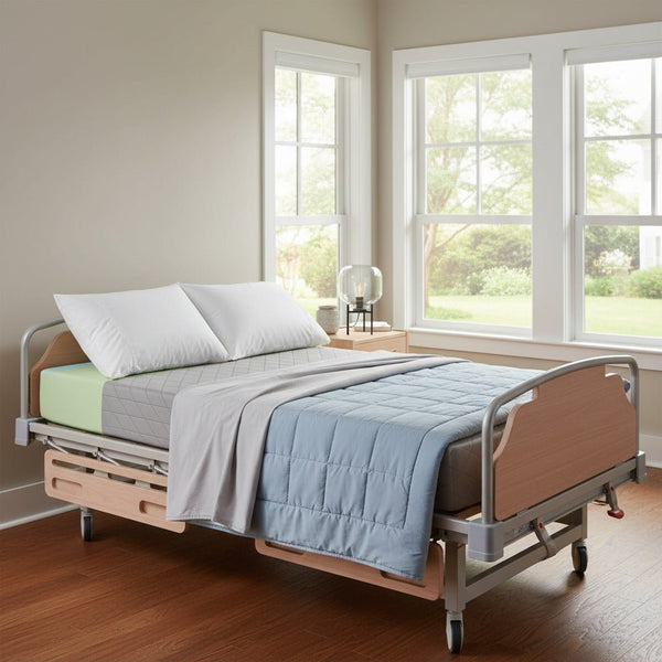 54" Wide Emerald Comfort Select Bariatric Mattress in a modern, residential-style bariatric hospital bed. A blue quilted blanket is draped on the mattress. The bed is shown in a brightly lit room with large windows.