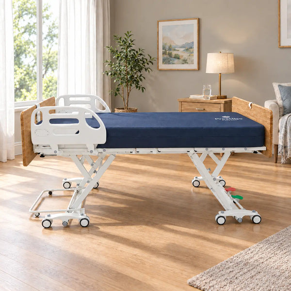 Emerald Infinity 54000 bariatric hospital bed with half-length plastic side rails and Proactive Medical mattress in a home bedroom setting